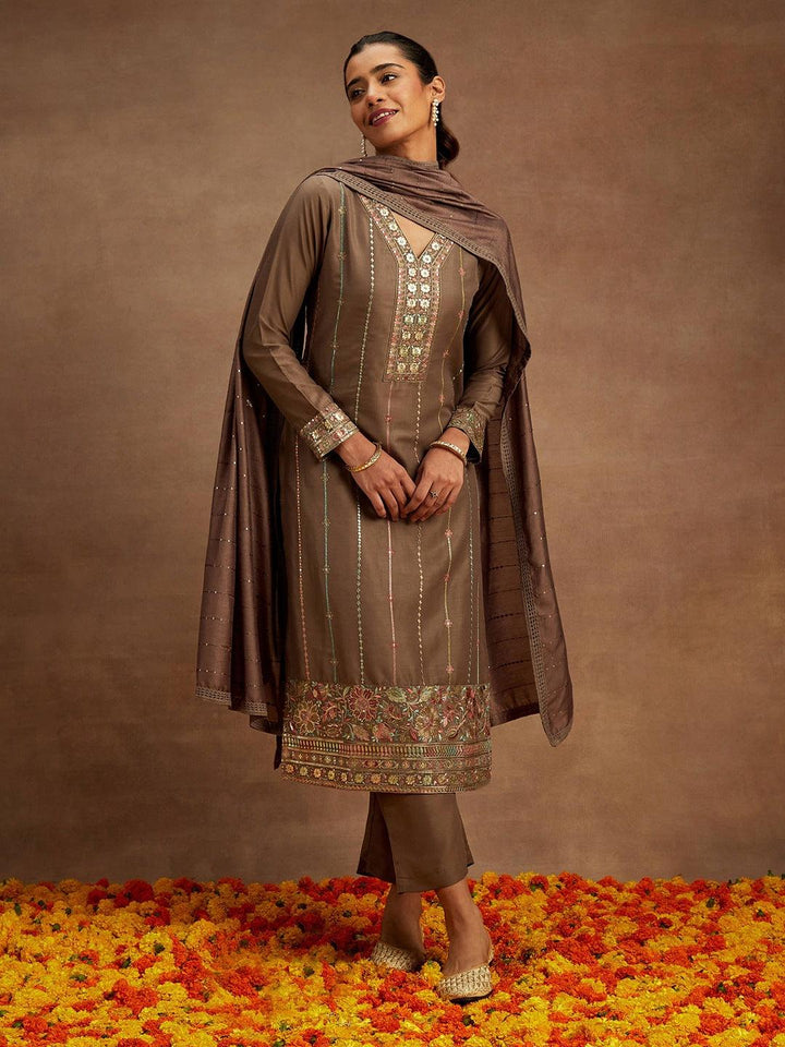 Brown Embroidered Silk Straight Kurta With Trousers & Dupatta - ShopLibas