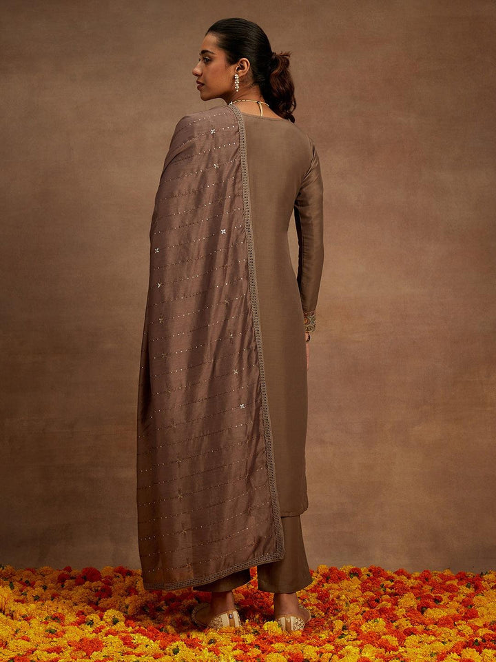 Brown Embroidered Silk Straight Kurta With Trousers & Dupatta - ShopLibas