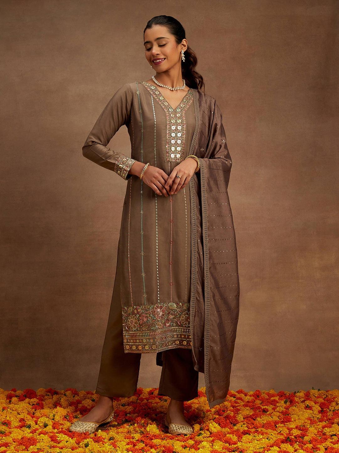 Brown Embroidered Silk Straight Kurta With Trousers & Dupatta - ShopLibas