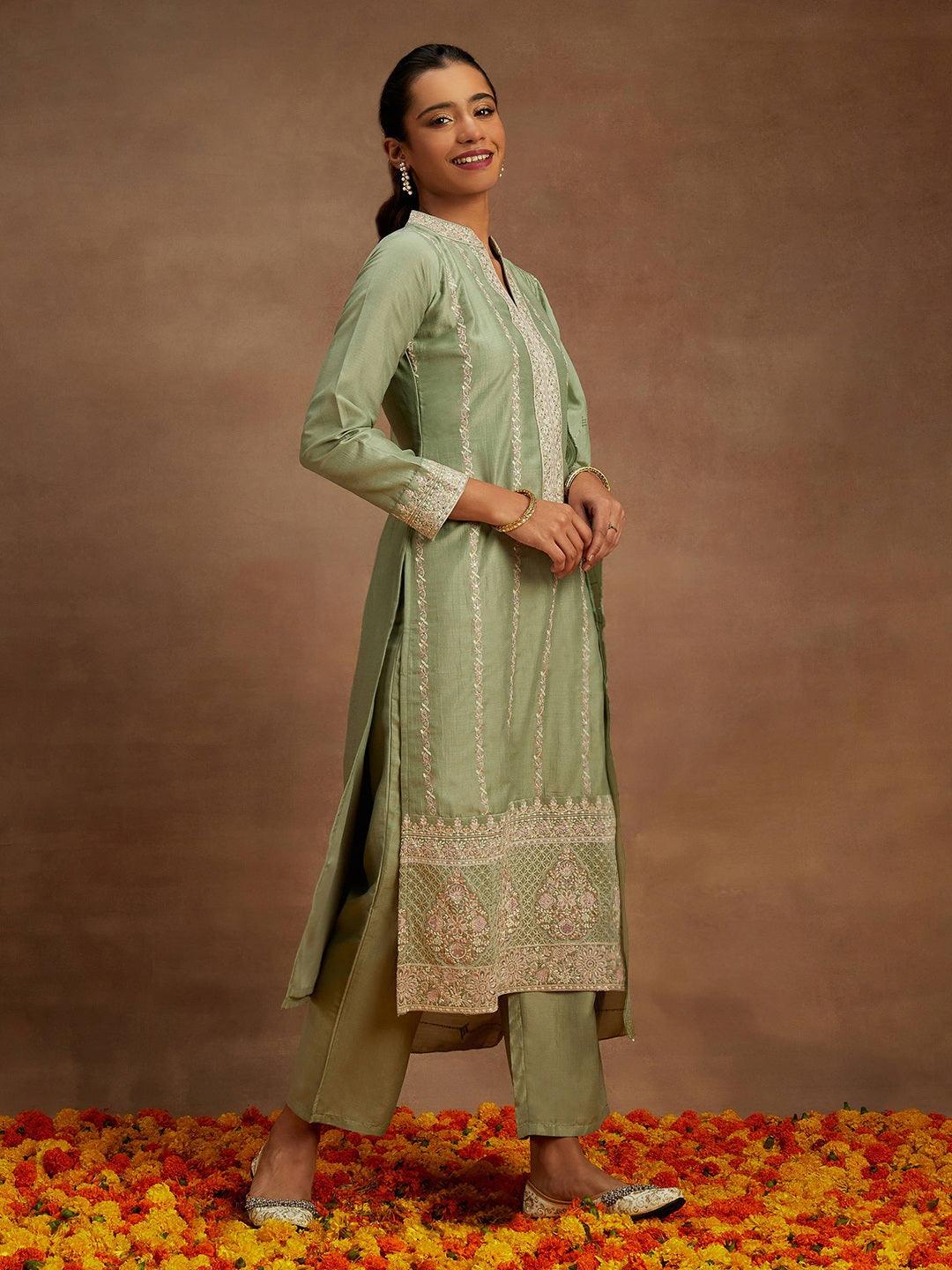 Green Embroidered Silk Straight Suit With Dupatta