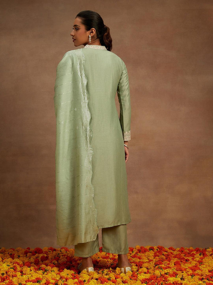 Green Embroidered Silk Straight Kurta With Trousers & Dupatta - ShopLibas