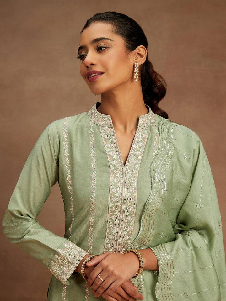 Green Embroidered Silk Straight Kurta With Trousers & Dupatta - ShopLibas