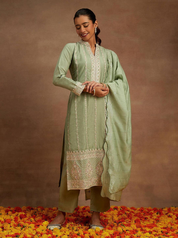 Green Embroidered Silk Straight Kurta With Trousers & Dupatta - ShopLibas