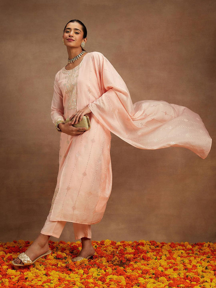 Peach Embroidered Silk Straight Kurta With Trousers & Dupatta - ShopLibas