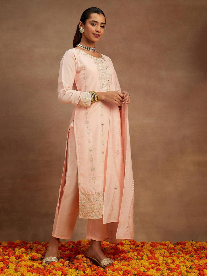 Peach Embroidered Silk Straight Kurta With Trousers & Dupatta - ShopLibas