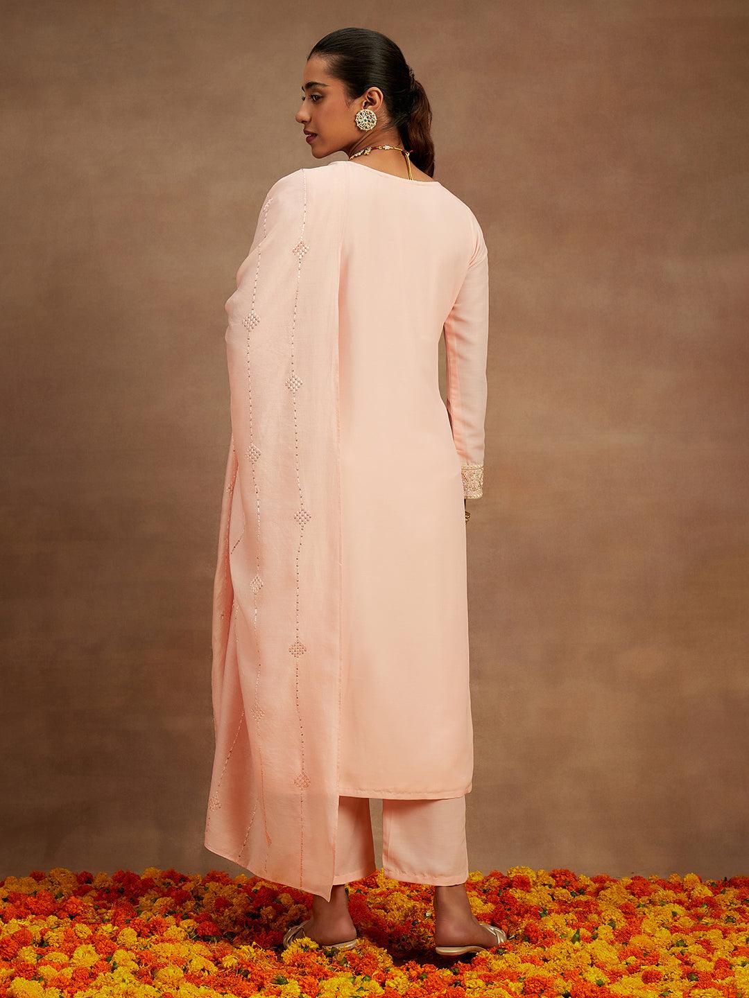 Peach Embroidered Silk Straight Kurta With Trousers & Dupatta - ShopLibas