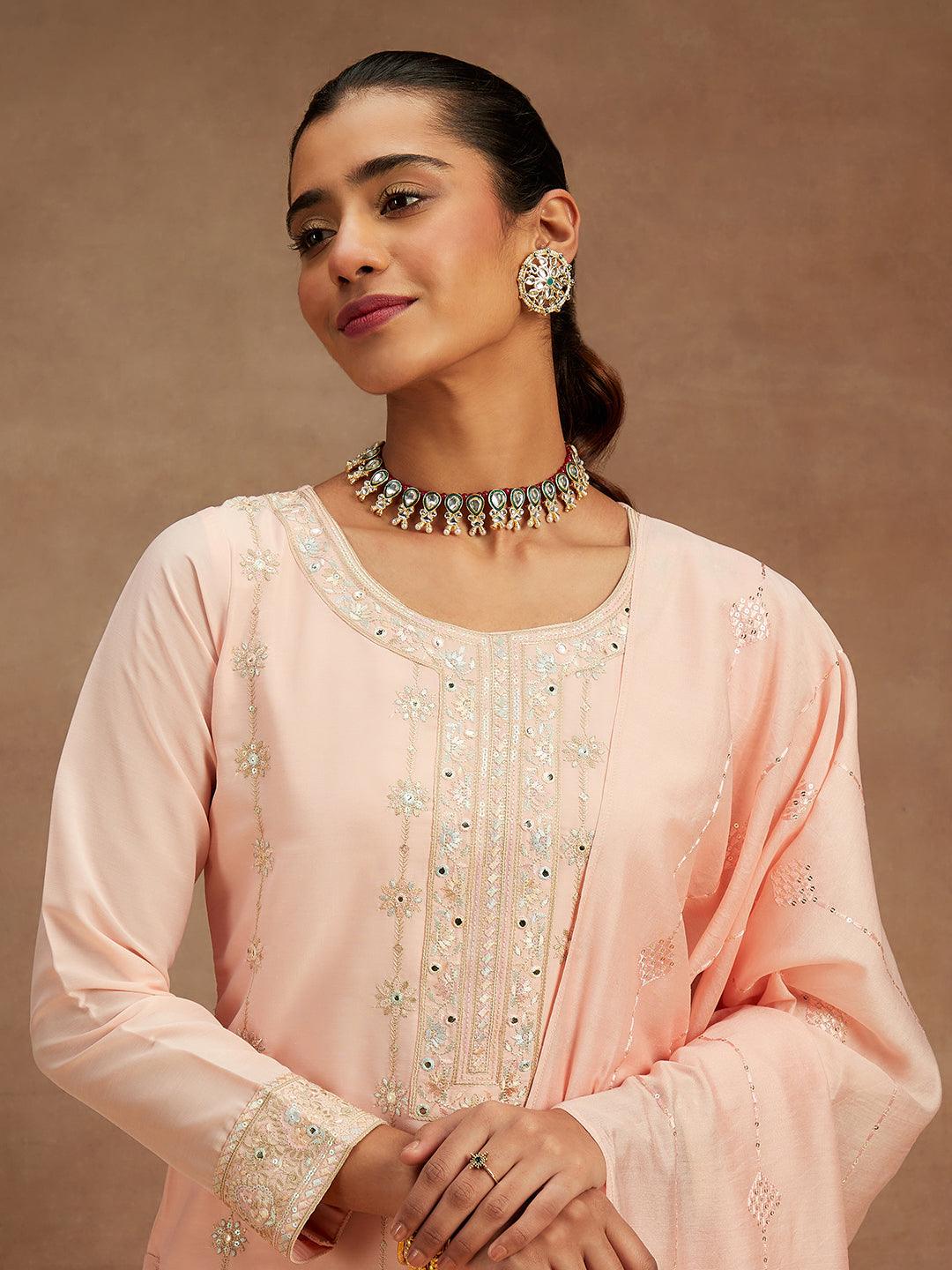 Peach Embroidered Silk Straight Kurta With Trousers & Dupatta - ShopLibas