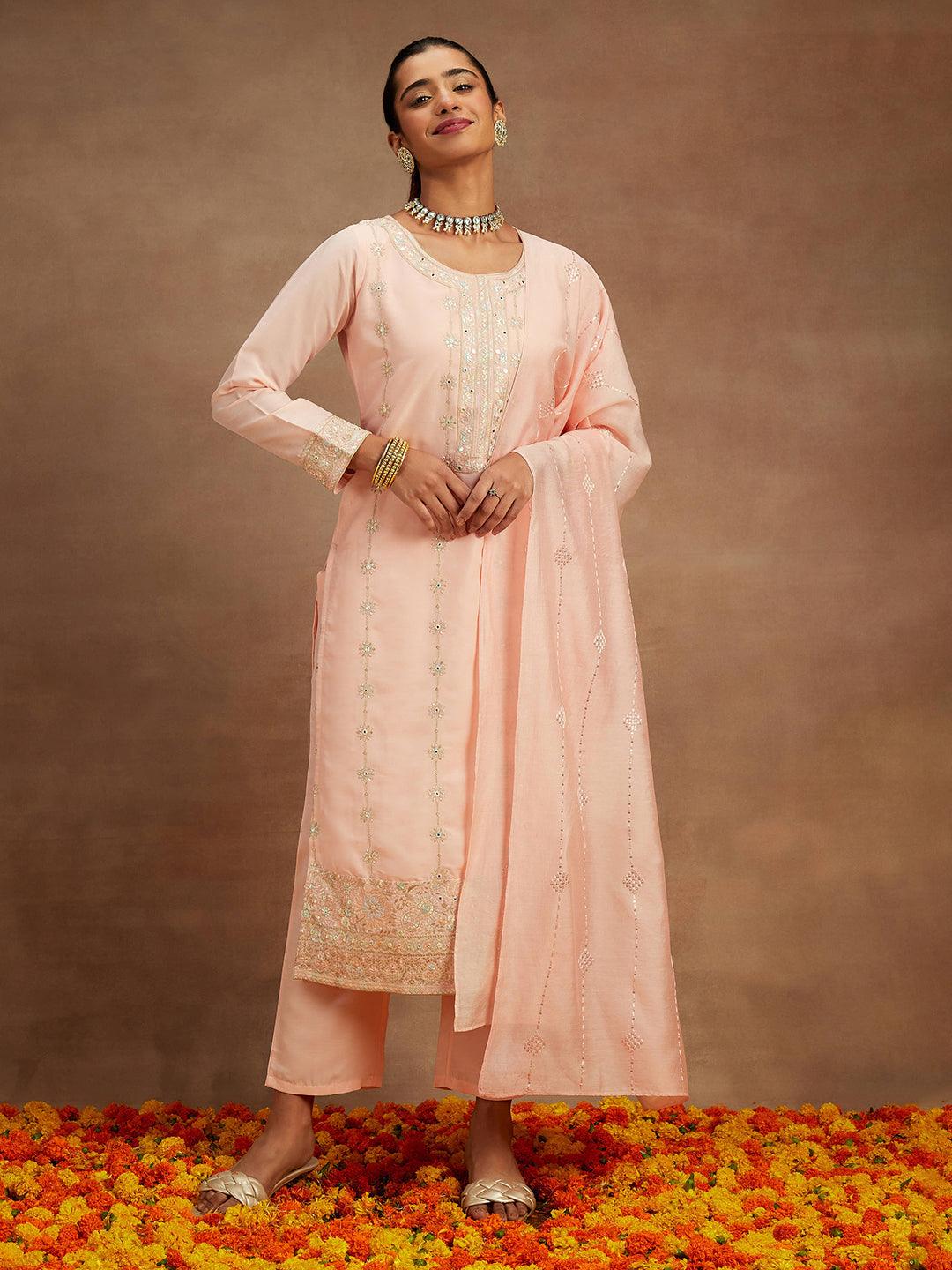 Peach Embroidered Silk Straight Kurta With Trousers & Dupatta - ShopLibas