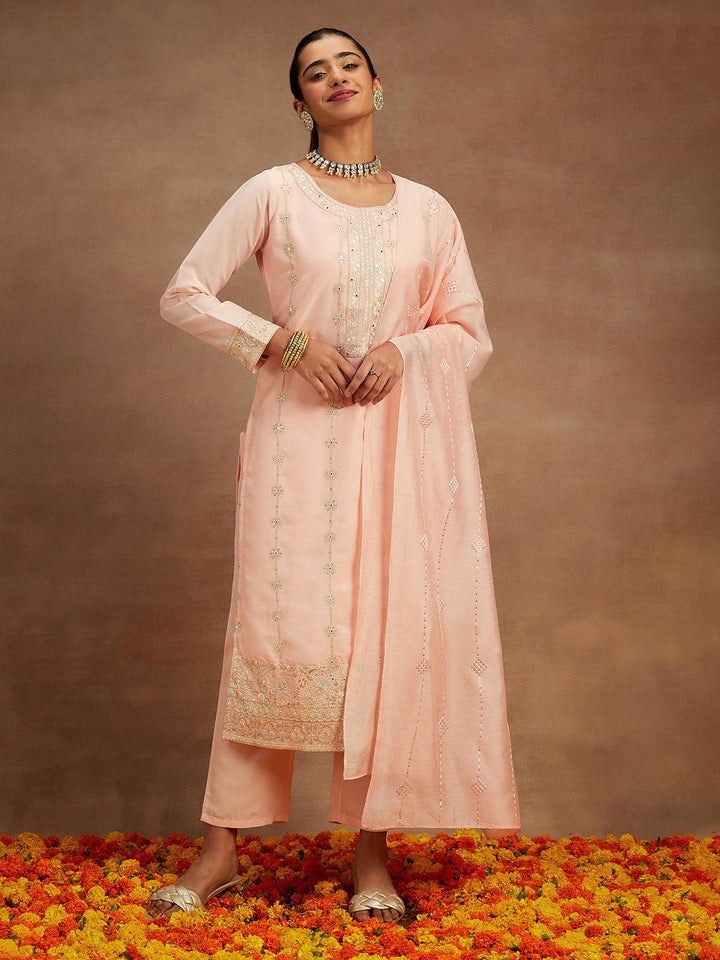 Peach Embroidered Silk Straight Kurta With Trousers & Dupatta - ShopLibas