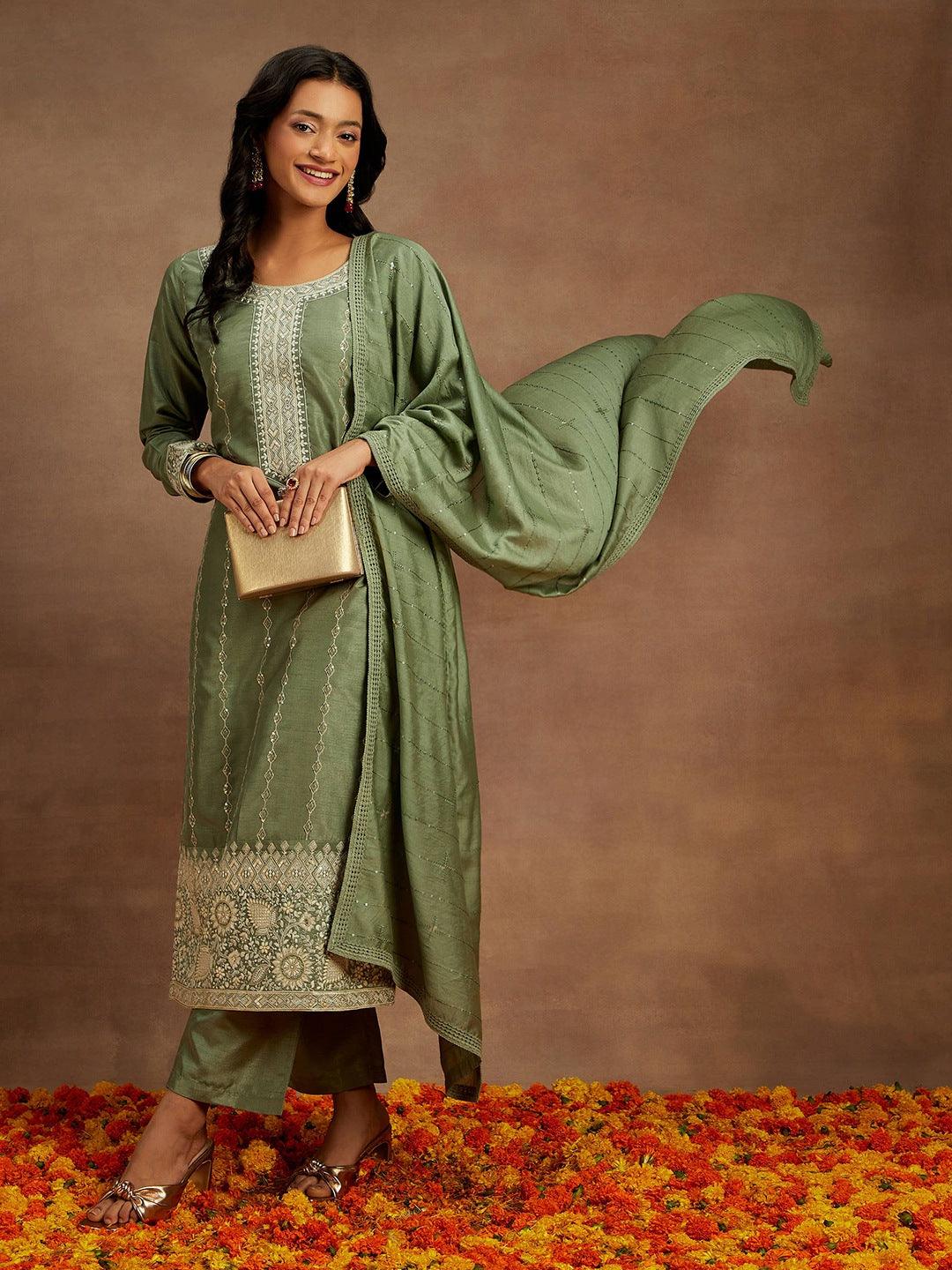 Green Embroidered Silk Straight Suit With Dupatta