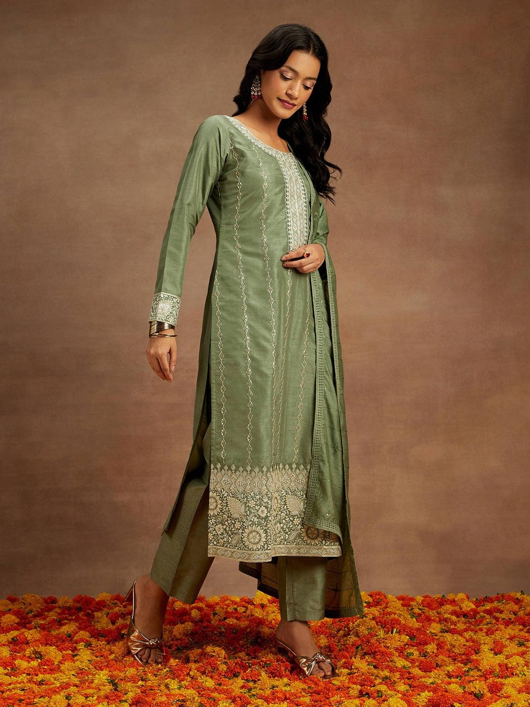 Sage Green Embroidered Silk Straight Kurta With Trousers & Dupatta - ShopLibas