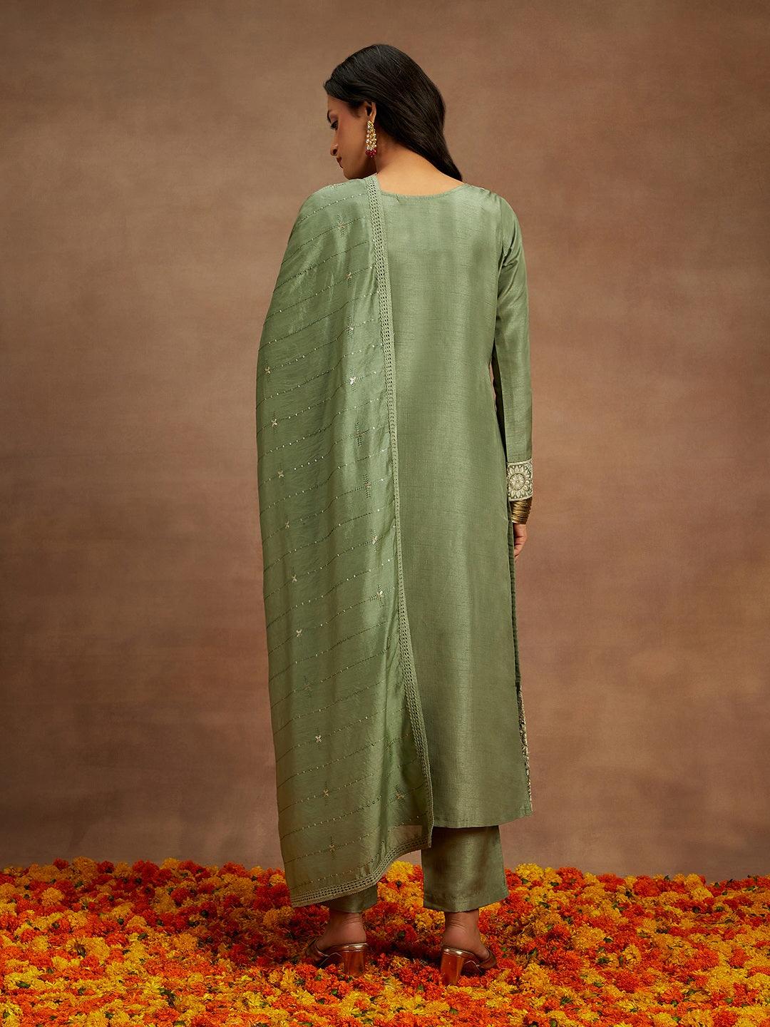 Green Embroidered Silk Straight Suit With Dupatta