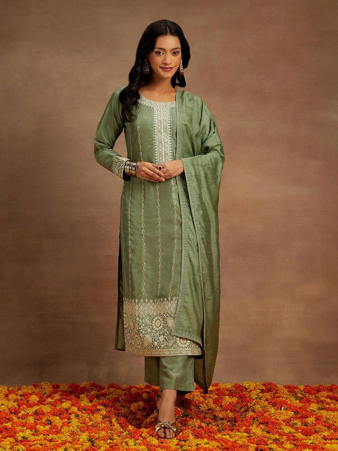 Green Embroidered Silk Straight Suit With Dupatta