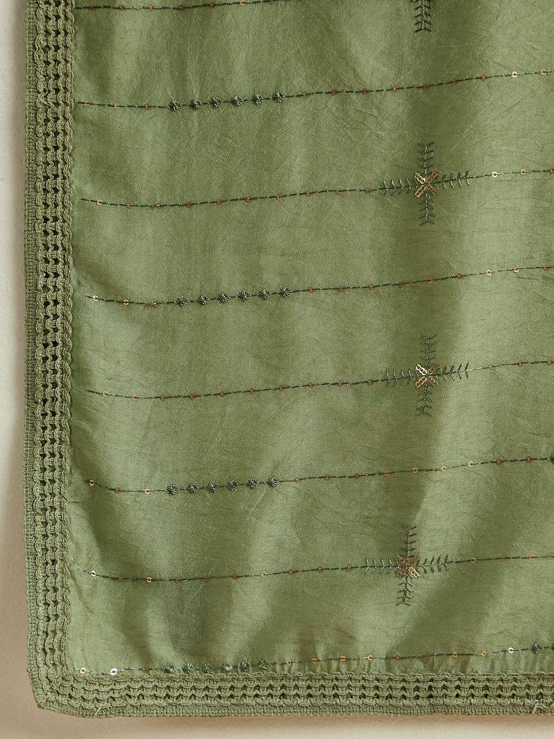 Sage Green Embroidered Silk Straight Kurta With Trousers & Dupatta - ShopLibas