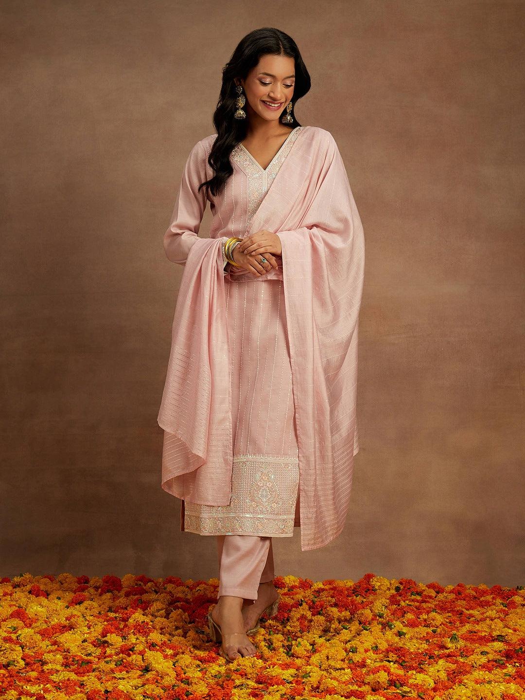 Pink Embroidered Silk Straight Kurta With Trousers & Dupatta - ShopLibas