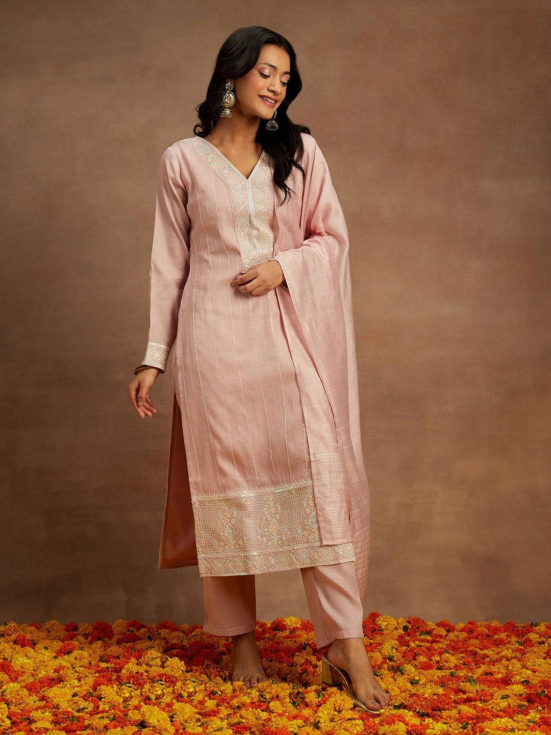 Pink Embroidered Silk Straight Suit With Dupatta