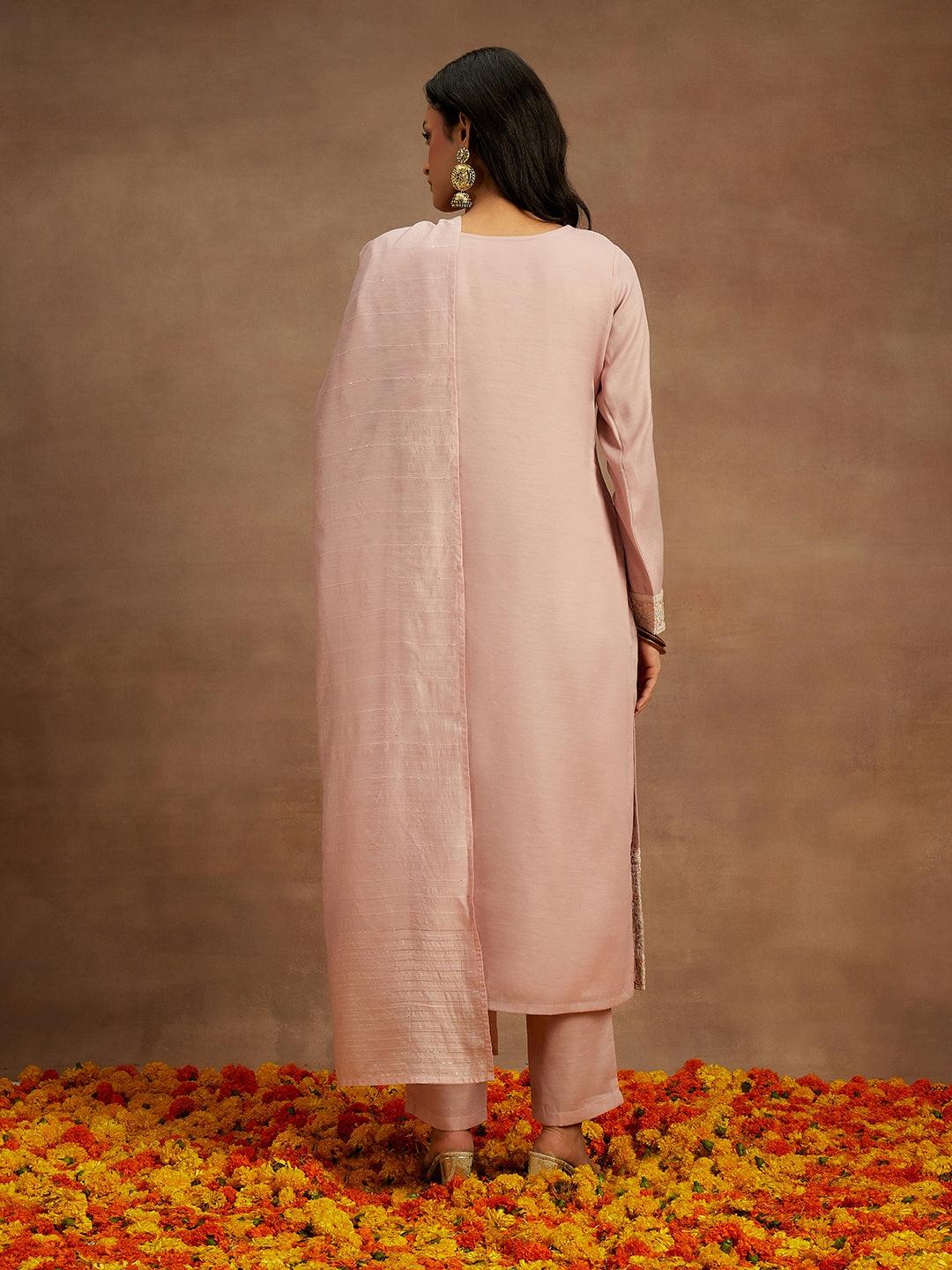 Pink Embroidered Silk Straight Suit With Dupatta