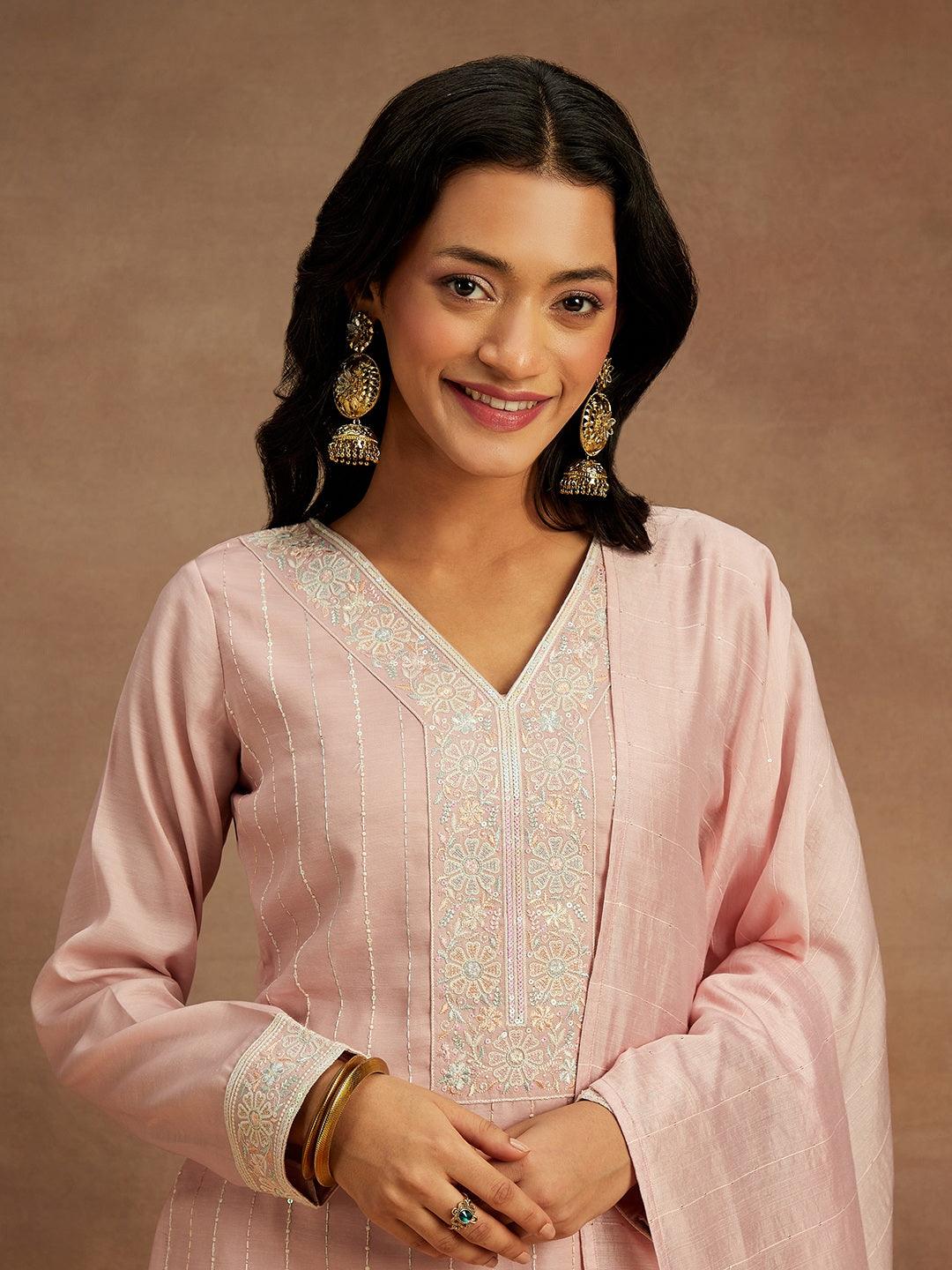 Pink Embroidered Silk Straight Suit With Dupatta