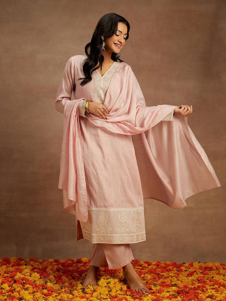 Pink Embroidered Silk Straight Kurta With Trousers & Dupatta - ShopLibas