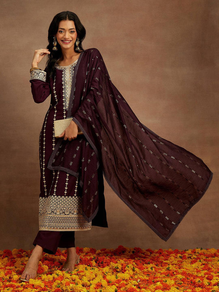 Wine Embroidered Silk Straight Kurta With Trousers & Dupatta - ShopLibas