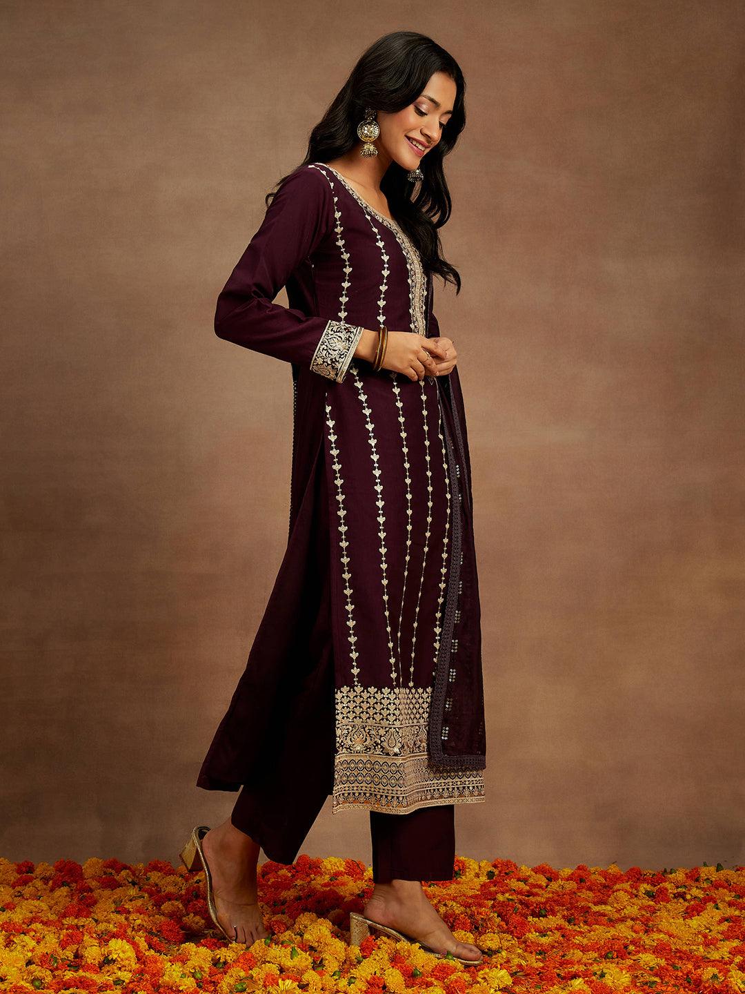 Wine Embroidered Silk Straight Kurta With Trousers & Dupatta - ShopLibas