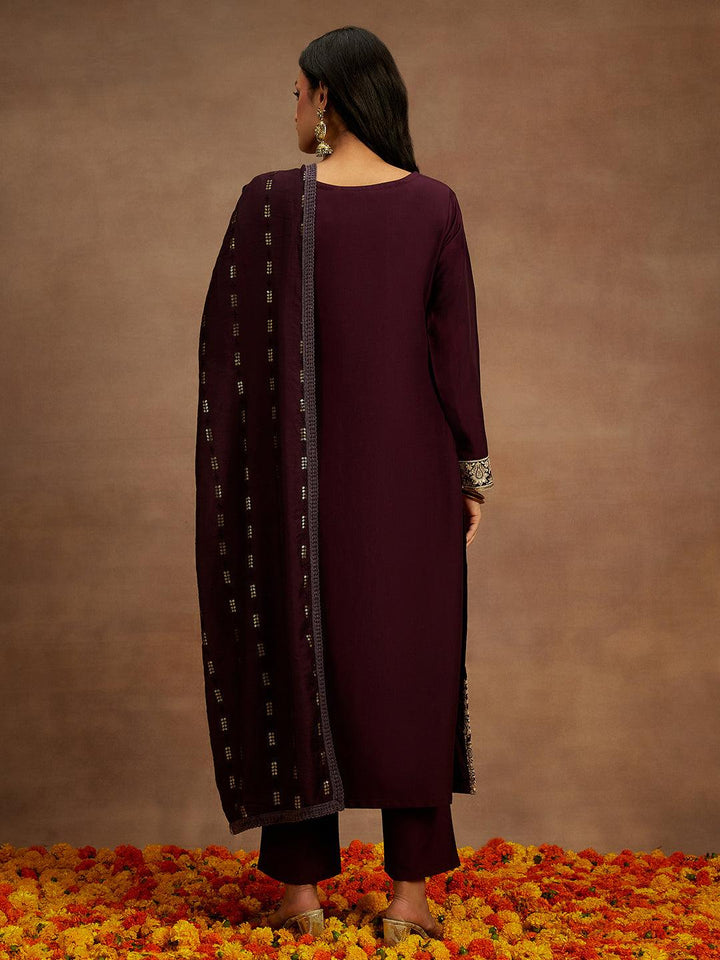 Wine Embroidered Silk Straight Kurta With Trousers & Dupatta - ShopLibas