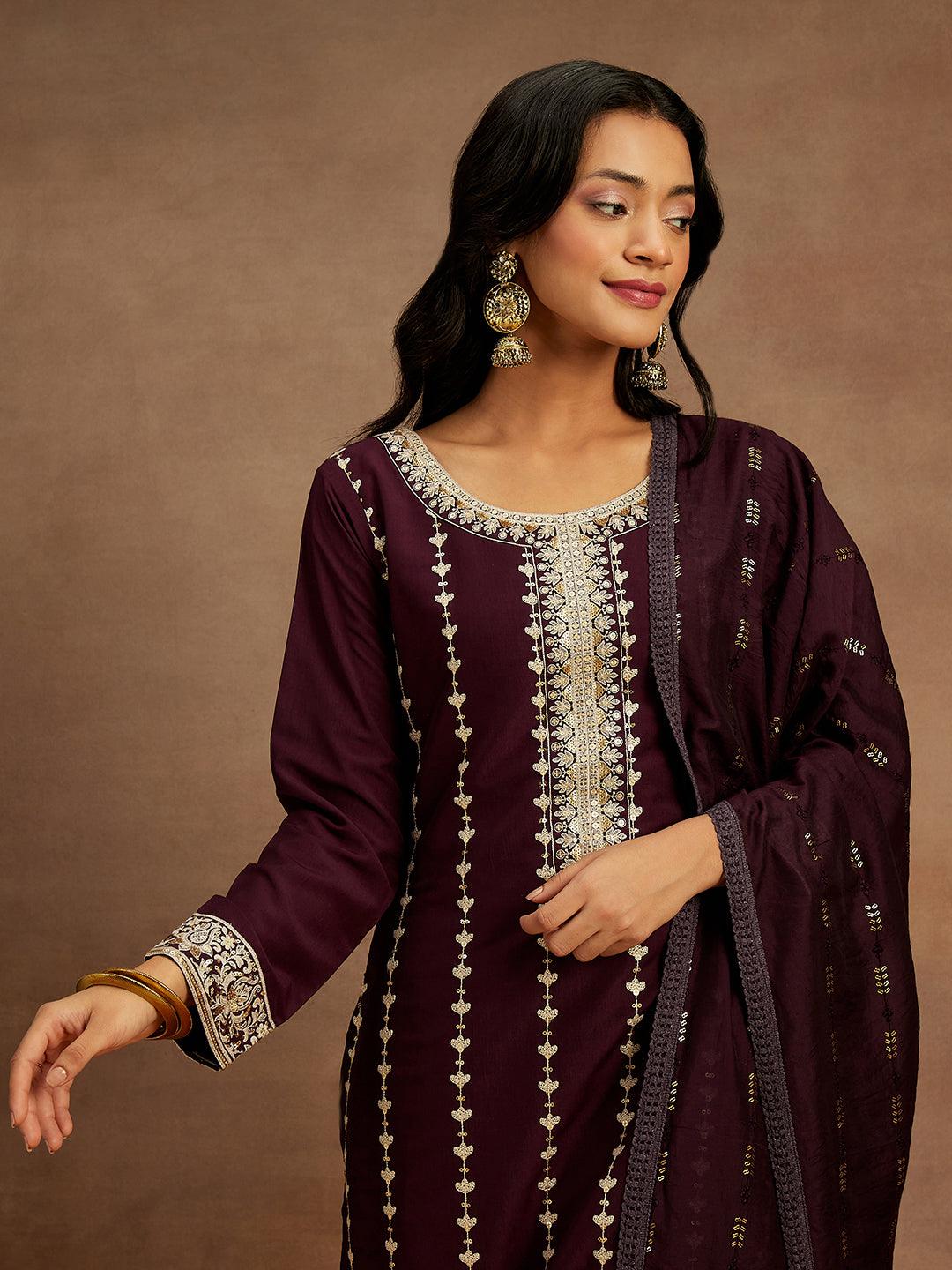 Wine Embroidered Silk Straight Kurta With Trousers & Dupatta - ShopLibas