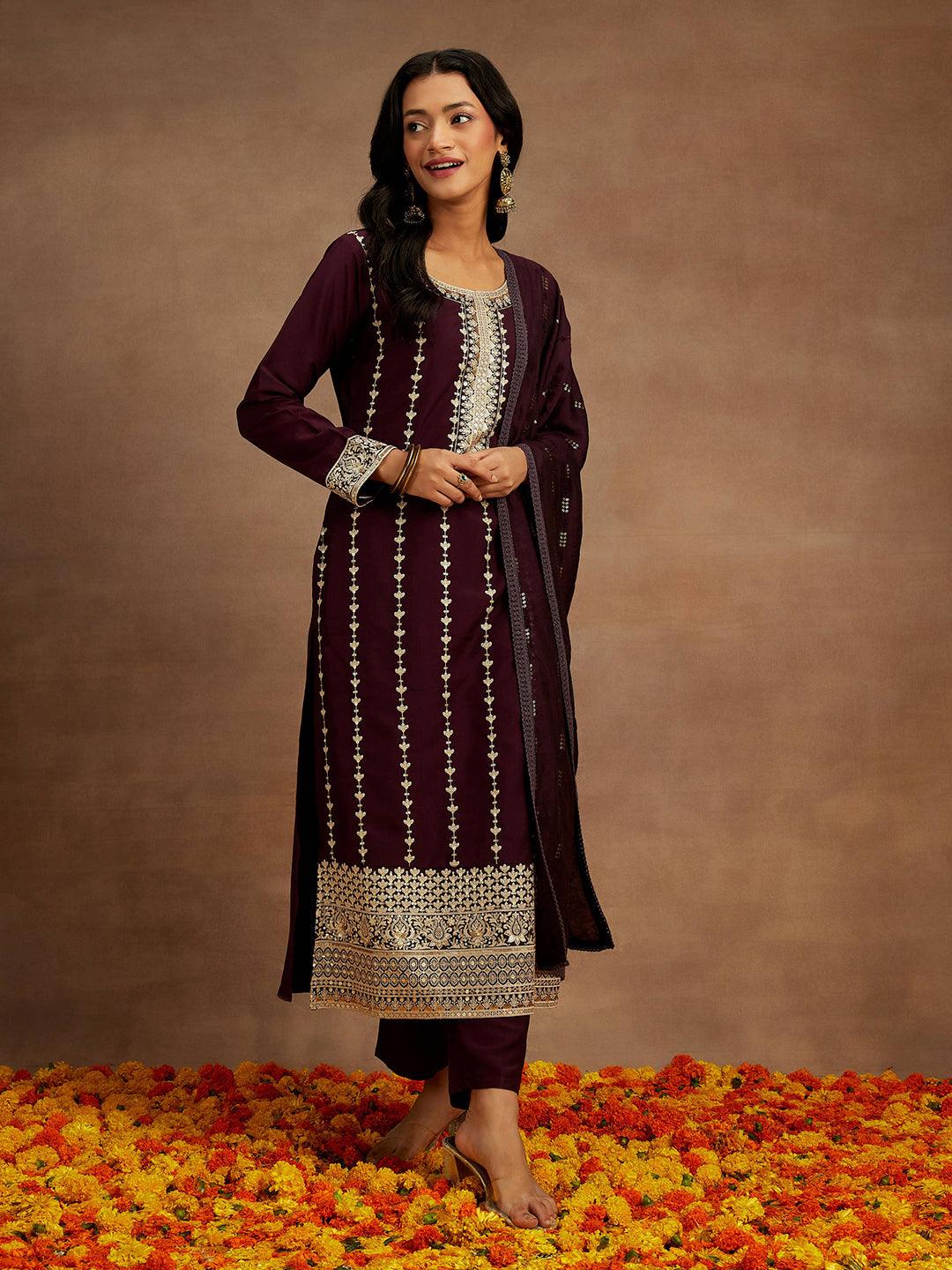 Wine Embroidered Silk Straight Kurta With Trousers & Dupatta - ShopLibas