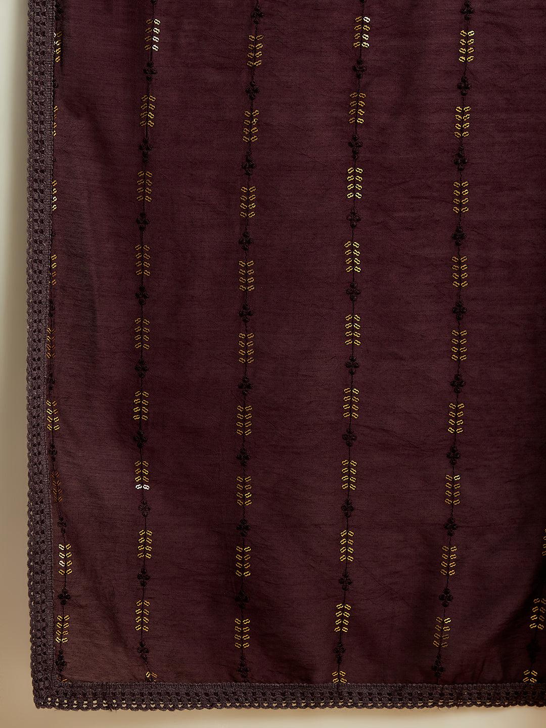 Wine Embroidered Silk Straight Kurta With Trousers & Dupatta - ShopLibas