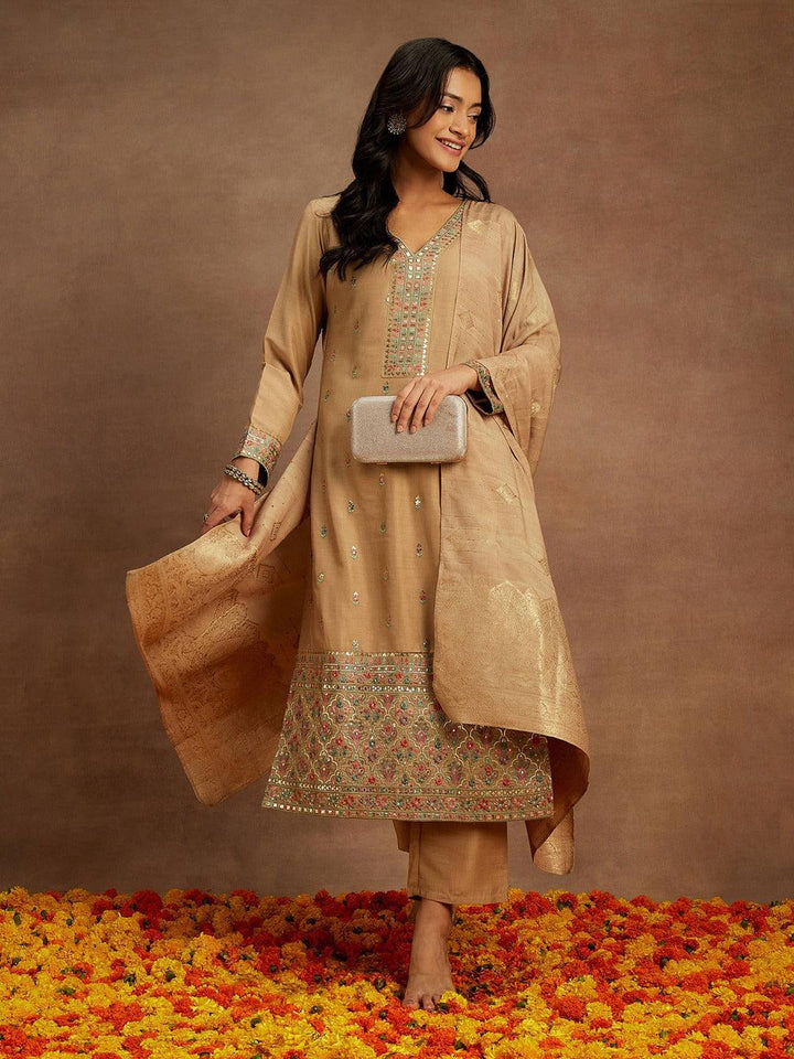 Tan Embroidered Silk Straight Kurta With Trousers & Dupatta - ShopLibas