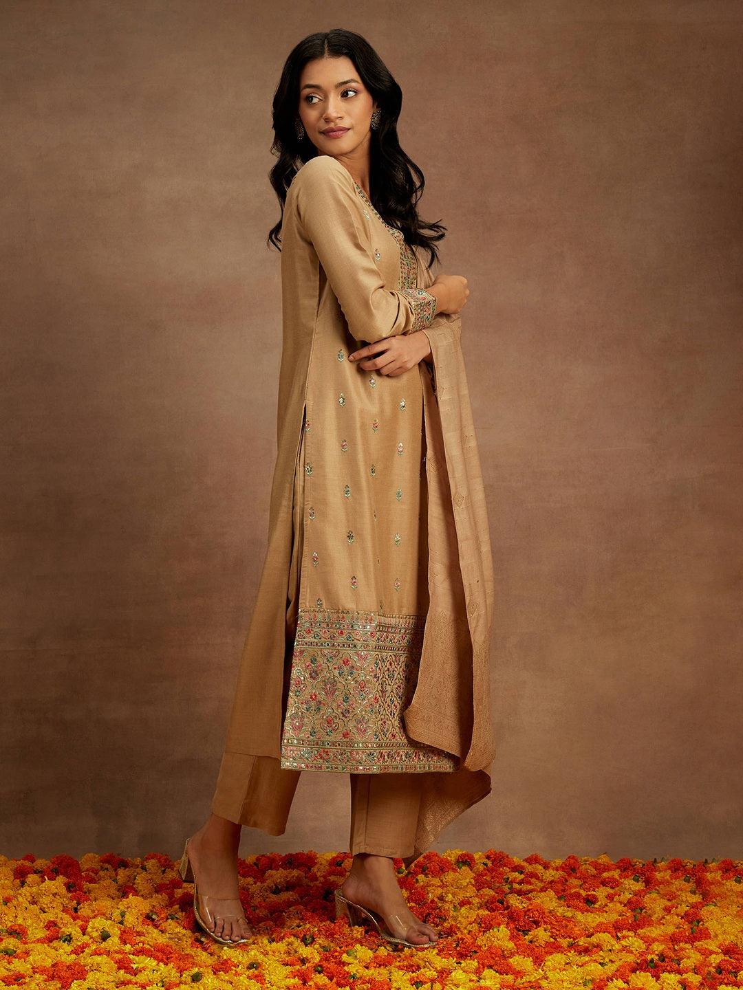 Tan Embroidered Silk Straight Kurta With Trousers & Dupatta - ShopLibas