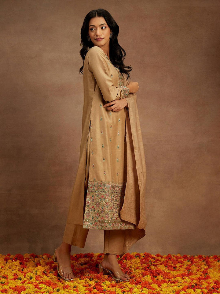 Tan Embroidered Silk Straight Kurta With Trousers & Dupatta - ShopLibas