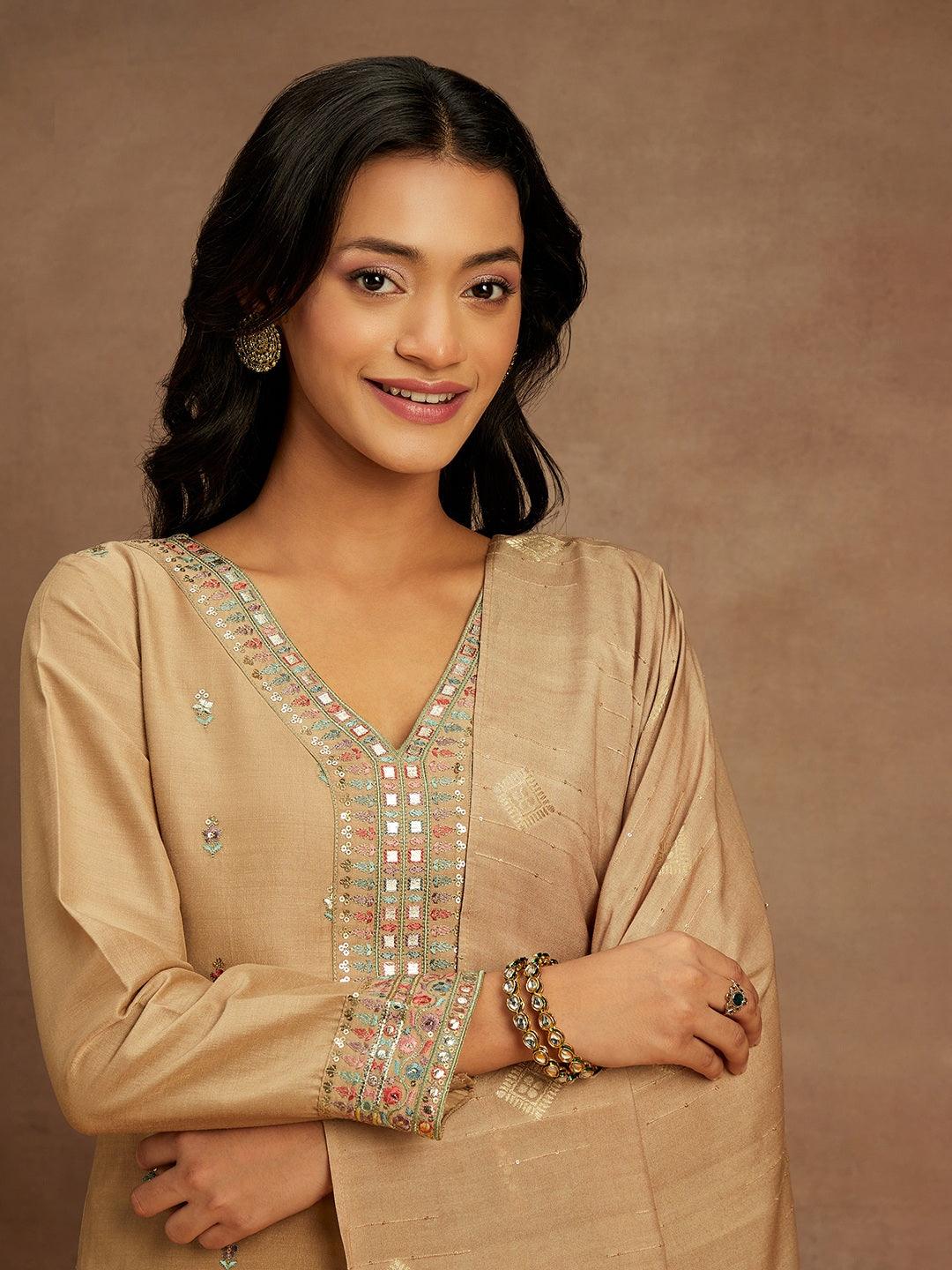 Tan Embroidered Silk Straight Kurta With Trousers & Dupatta - ShopLibas