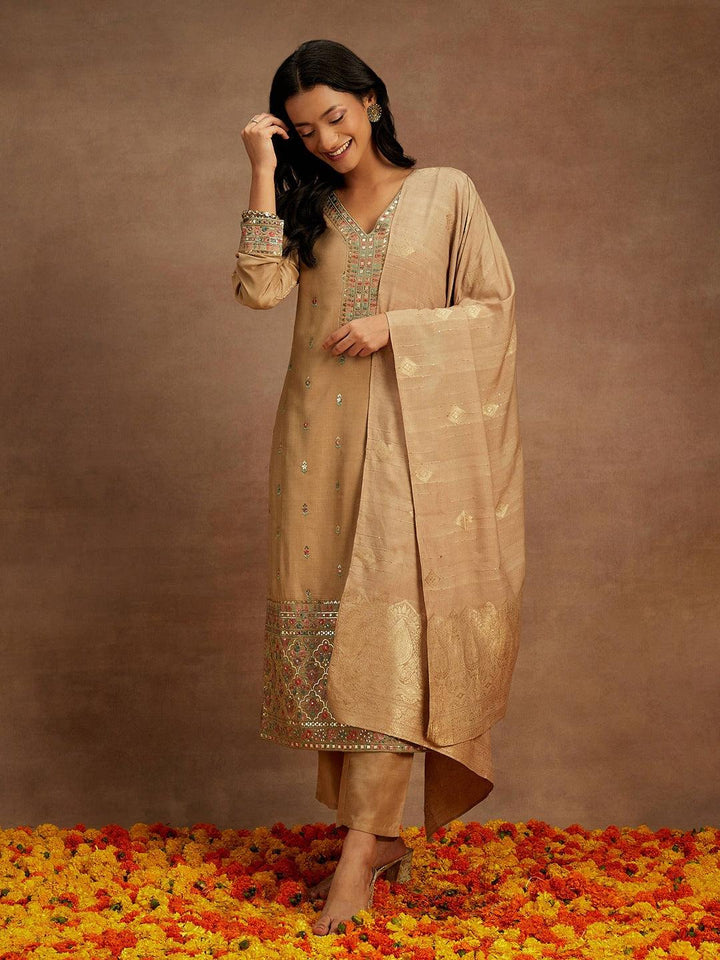 Tan Embroidered Silk Straight Kurta With Trousers & Dupatta - ShopLibas