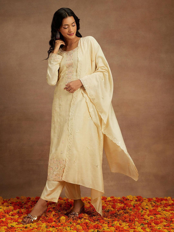 Yellow Embroidered Silk Straight Kurta With Trousers & Dupatta - ShopLibas