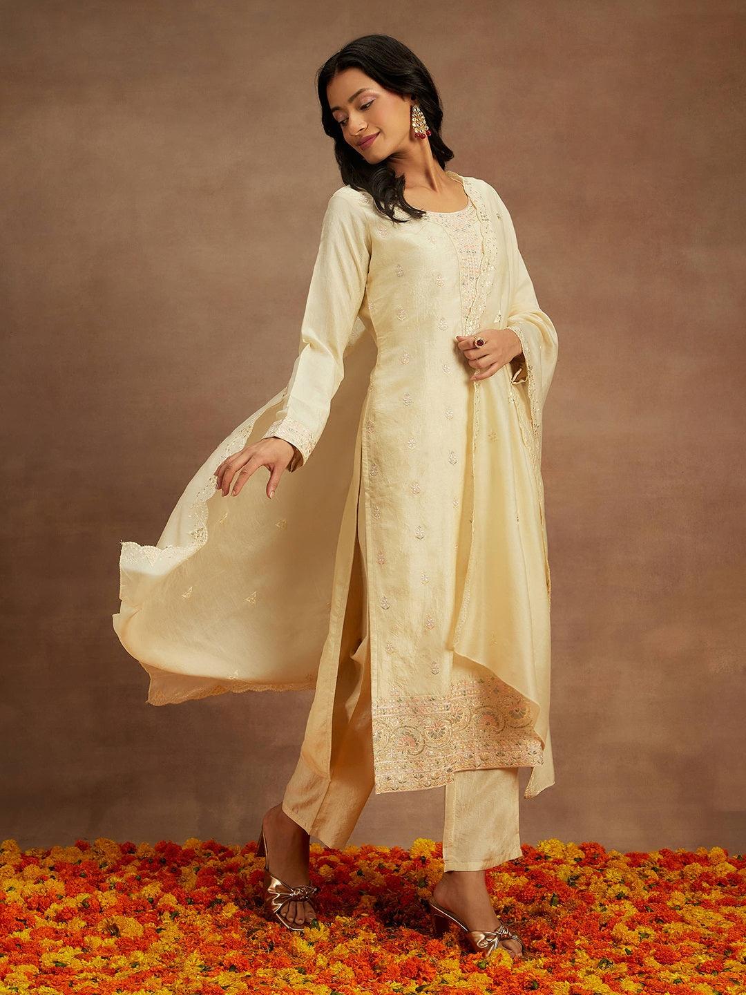 Yellow Embroidered Silk Straight Kurta With Trousers & Dupatta - ShopLibas