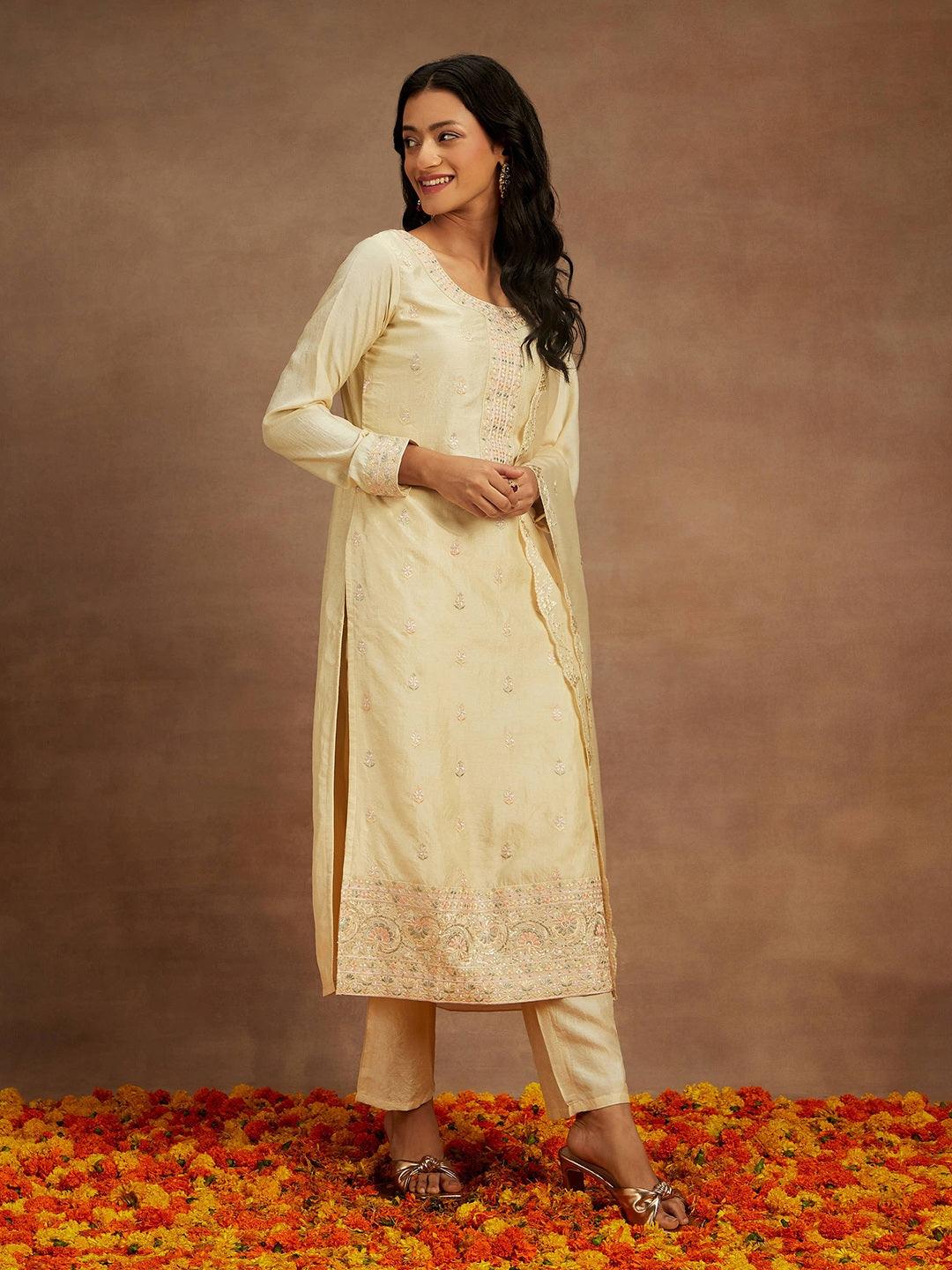 Yellow Embroidered Silk Straight Suit With Dupatta