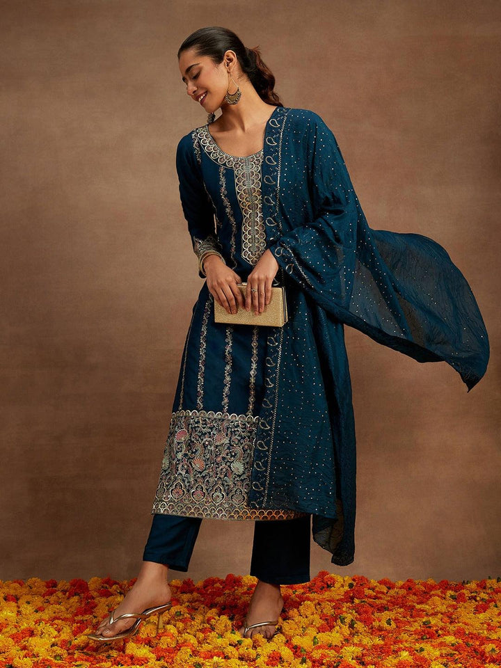 Teal Embroidered Silk Straight Kurta With Trousers & Dupatta - ShopLibas