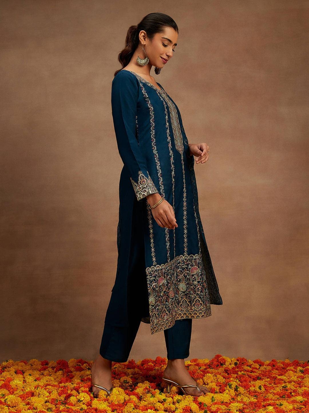 Teal Embroidered Silk Straight Kurta With Trousers & Dupatta - ShopLibas