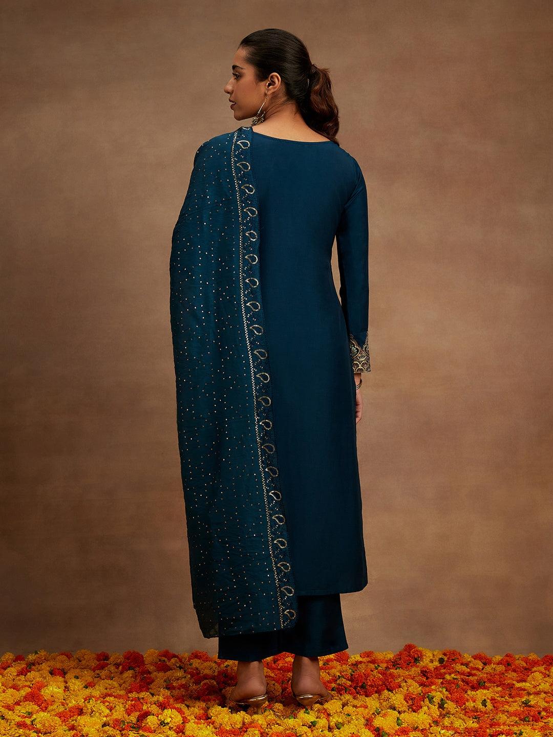 Teal Embroidered Silk Straight Suit With Dupatta