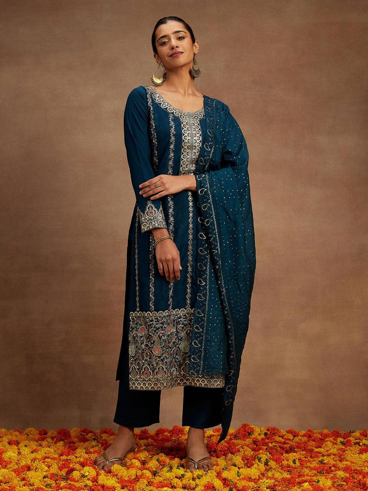 Teal Embroidered Silk Straight Kurta With Trousers & Dupatta - ShopLibas