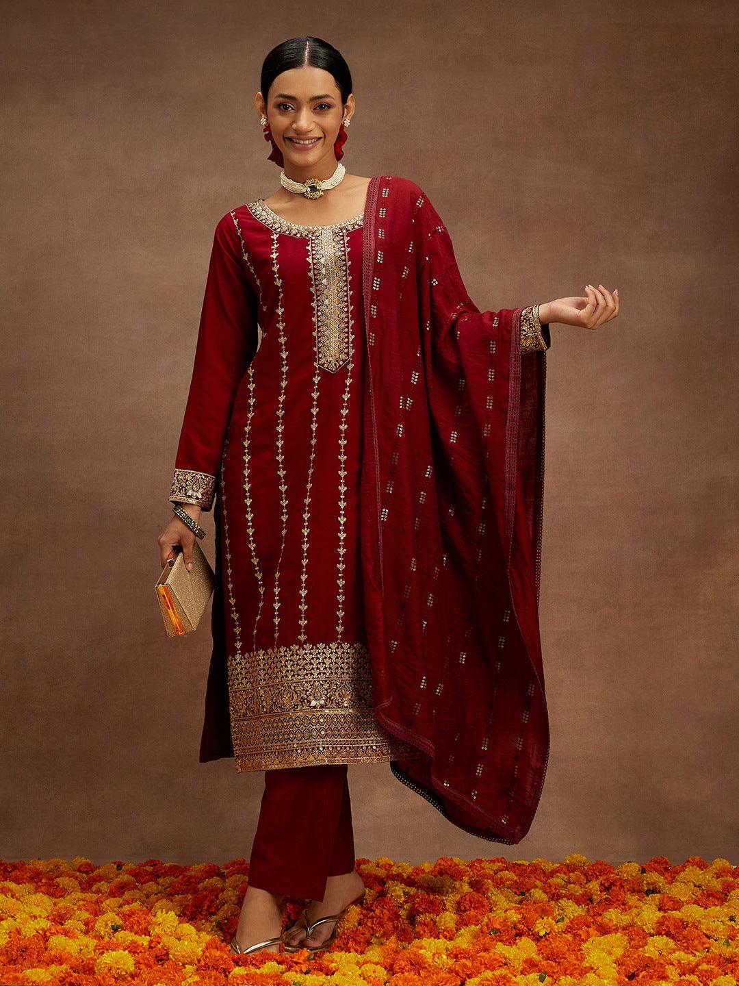 Maroon Embroidered Silk Straight Kurta With Trousers & Dupatta - ShopLibas