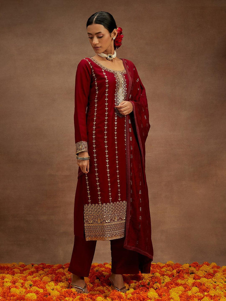 Maroon Embroidered Silk Straight Kurta With Trousers & Dupatta - ShopLibas