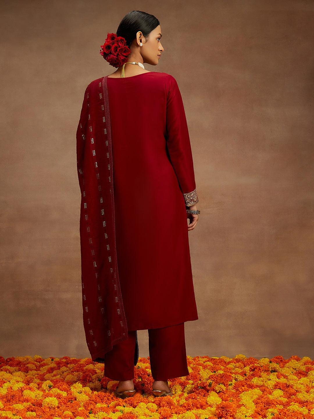 Maroon Embroidered Silk Straight Suit With Dupatta