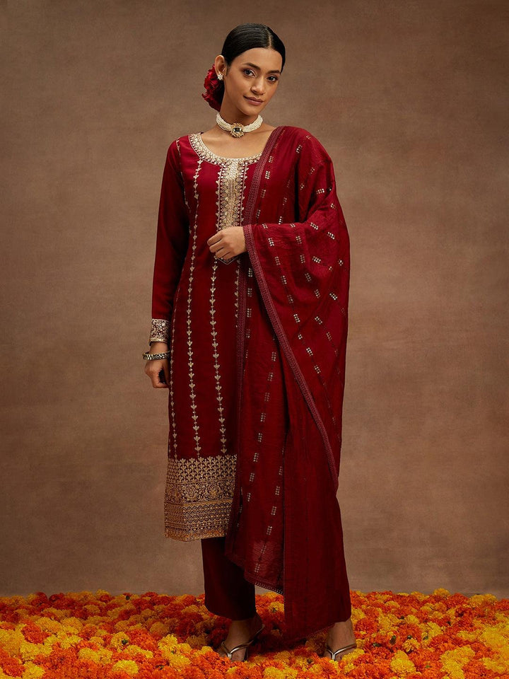 Maroon Embroidered Silk Straight Kurta With Trousers & Dupatta - ShopLibas