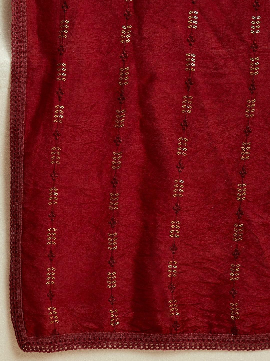 Maroon Embroidered Silk Straight Suit With Dupatta