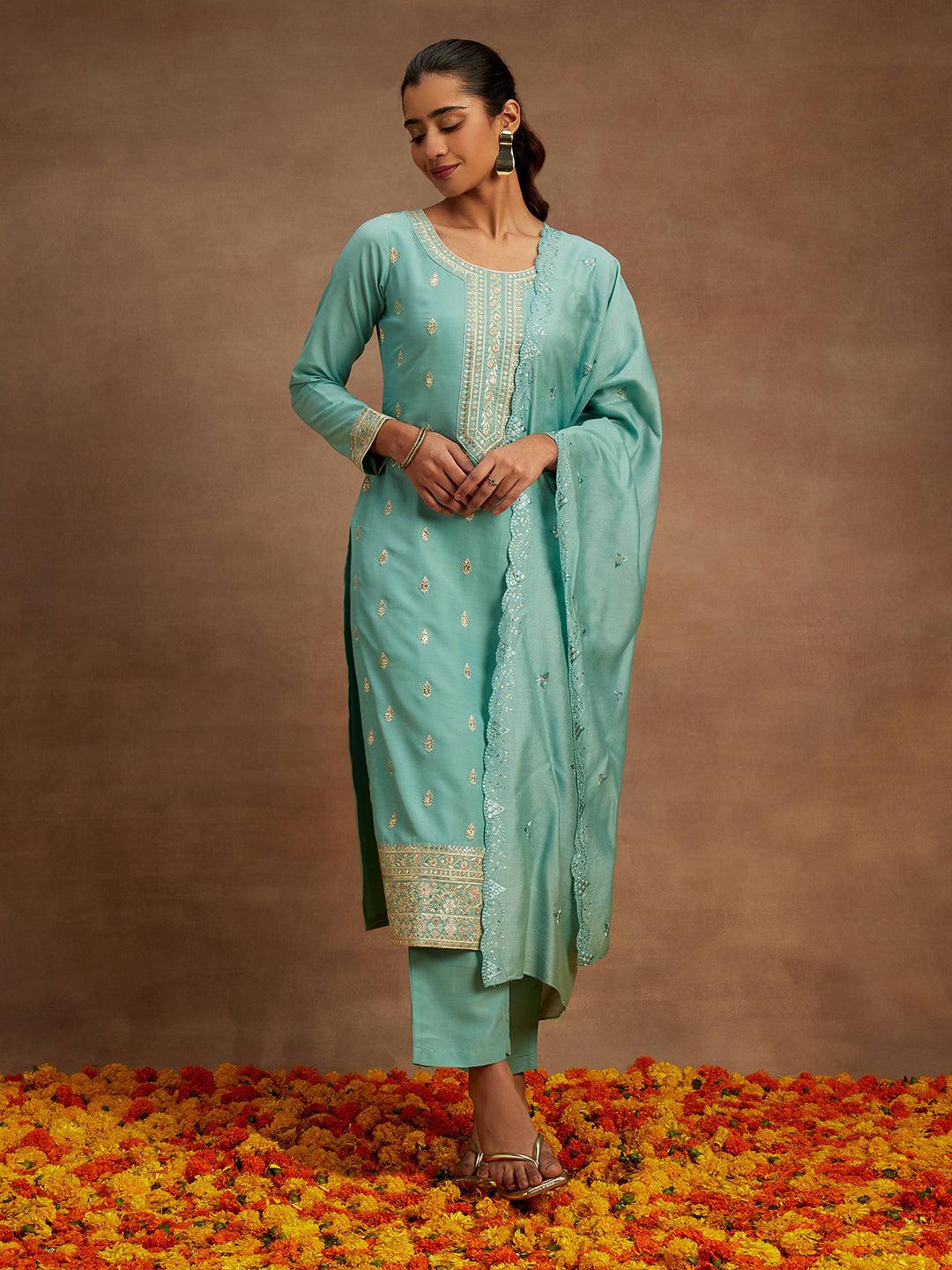 Sea Green Embroidered Silk Straight Kurta With Trousers & Dupatta - ShopLibas