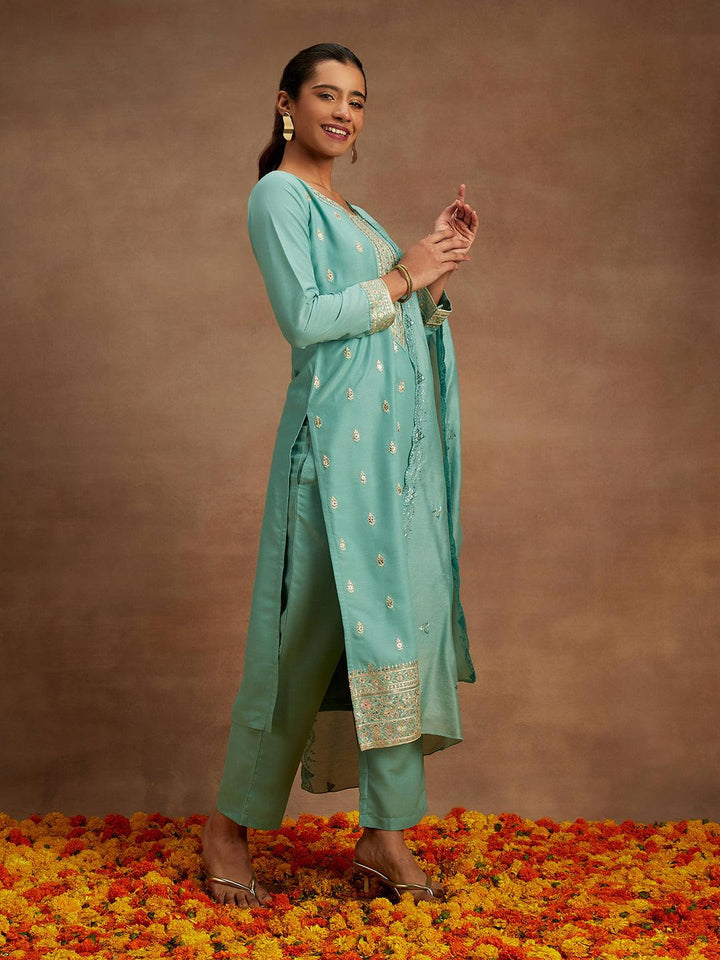 Sea Green Embroidered Silk Straight Kurta With Trousers & Dupatta - ShopLibas