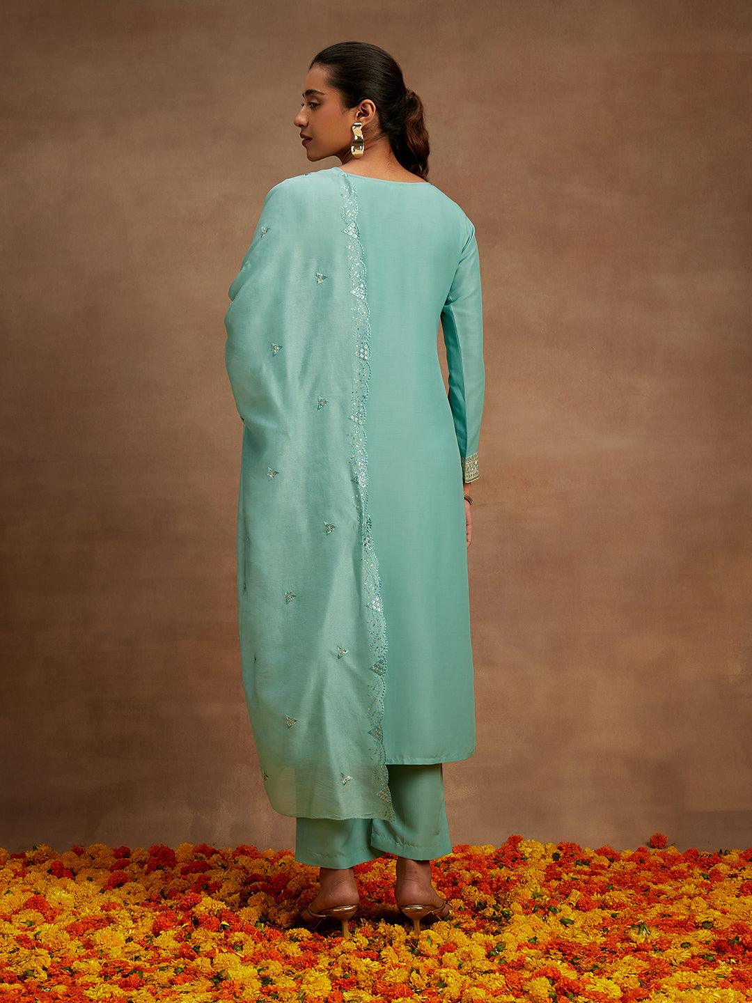 Sea Green Embroidered Silk Straight Kurta With Trousers & Dupatta - ShopLibas