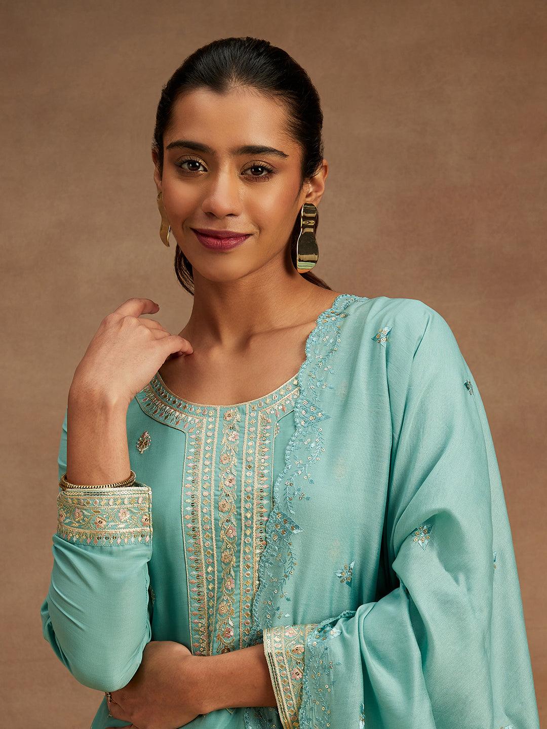 Sea Green Embroidered Silk Straight Kurta With Trousers & Dupatta - ShopLibas